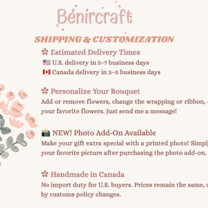Puede incluir: Un gr&aacute;fico con el texto B&eacute;nircraft en la parte superior, seguido de las secciones Shipping & Customization, Personalize Your Bouquet, NEW! Photo Add-On Available y Handmade in Canada, con una ilustraci&oacute;n floral a la izquierda.
