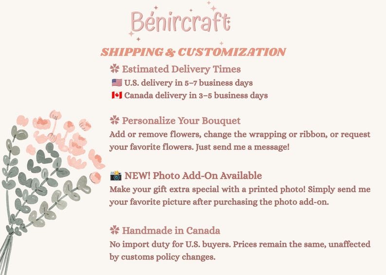 Puede incluir: Un gr&aacute;fico con el texto B&eacute;nircraft en la parte superior, seguido de las secciones Shipping & Customization, Personalize Your Bouquet, NEW! Photo Add-On Available y Handmade in Canada, con una ilustraci&oacute;n floral a la izquierda.