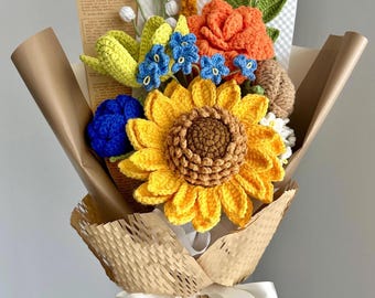 Handmade Crochet Sunflower Bouquet, Christmas, Birthday, Finished Product, Home Decor, Mom, Girlfriend, Wife, Anniversary, Gift For Her