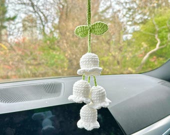 Crochet Lily of the Valley Car Mirror Hanger, Handmade Car Decor