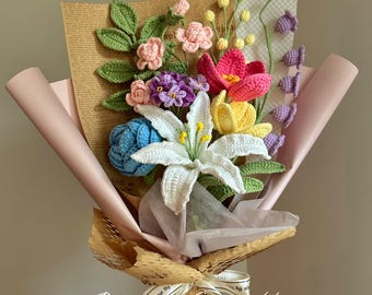Mother's Day Gift, Handmade Crochet Flower Bouquet, Graduation, Home Decor, Forever Flower, Rose Lily, Mom, Wife, Wedding, Birthday