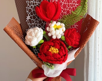 Handmade Crochet Flowers Bouquet, Get Well Soon, Home Decor, Peony, Lily, Birthday Gift, Lily, Wife, Girlfriend, Mom, Gift For Her