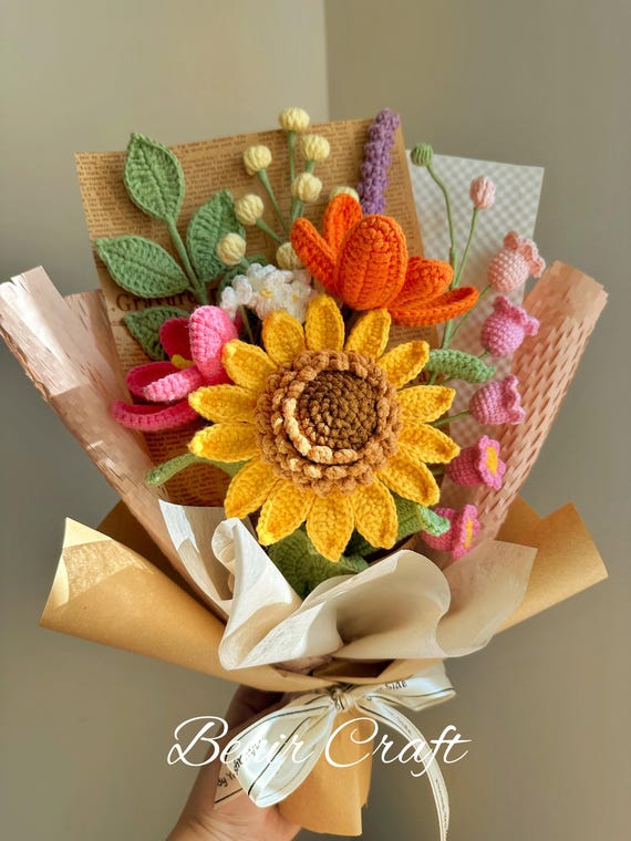 Crochet Sunflower Bouquet with Handmade Cotton Yarn Flowers in Warm Fall Colors