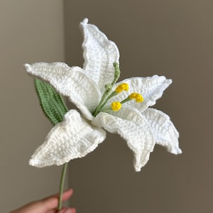 Puede incluir: Una flor de lirio tejida a mano en crochet con seis p&eacute;talos blancos de textura marcada. El centro presenta estambres de color verde claro rematados con puntas de polen amarillo brillante. Una hoja verde tejida est&aacute; unida al tallo.