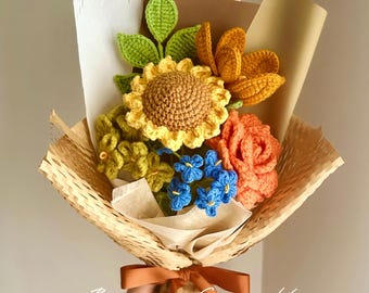 Crochet Sunflower Bouquet, Handmade Cotton Forever Flowers