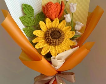 Handmade Crochet Sunflower Bouquet, Appreciation Gift, Birthday, Finished Product, Home Decor, Girlfriend, Wife, Mom, Gift For Her