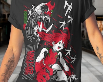 May include: Black t-shirt with a graphic print of a red-haired anime character and a red and black monster with Japanese text. The text reads "マオ" and "キザ"