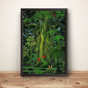May include: A framed print of a painting depicting a large, moss-covered tree in a lush green forest. Two small figures stand in the foreground, looking up at the tree. Two red birds fly overhead.
