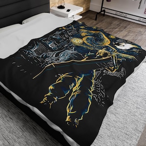 May include: A black and white duvet cover with a stylized image of a person holding a sword, set against a swirling background reminiscent of Van Gogh's Starry Night.