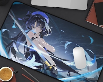 May include: A black and blue anime-style mousepad featuring a female character with long black hair, a blue hat, and a sword. The character is surrounded by blue and white swirls.