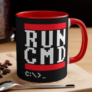 Run CMD Meme Accent Coffee Mug, Funny Programmer Mug, Command Prompt Mug, Retro Media