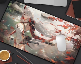 May include: A white-haired anime character with red and white clothing stands in a forest setting with red and orange leaves. The character is holding a sword and has a determined expression. The background is a blurred image of a forest with a river.
