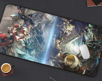 May include: A colorful fantasy-themed mousepad featuring a group of characters from a video game. The characters are depicted in a dynamic pose, with swords and other weapons drawn. The mousepad has a black border and a smooth surface.