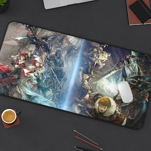 May include: A colorful fantasy-themed mousepad featuring a group of characters from a video game. The characters are depicted in a dynamic pose, with swords and other weapons drawn. The mousepad has a black border and a smooth surface.