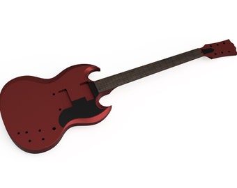 May include: A red electric guitar with a black pickguard and a brown wooden neck.