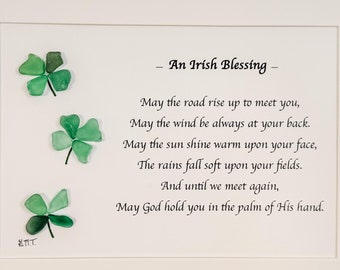 Irish Sea Glass Art, Framed Four-Leaf Clover Blessing, Handmade 8x10
