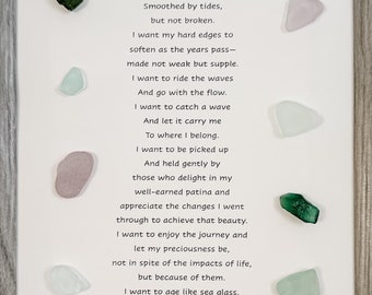 Sea Glass Poem Art, Handmade Coastal Grey Frame, Beach Decor Gift