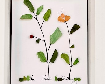 Handcrafted Sea Glass Daffodil Art: Minimalist Flower Decor, 4x6" Framed