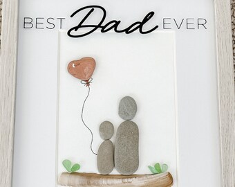 Sea Glass Dad Gift: Handmade Pebble Family Art, Distressed Wood Frame