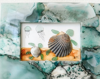 Sea Glass Turtle Wall Art, Shell & Turquoise Frame, Ocean Decor