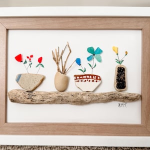 Flower Art Framed/Sea Glass Plants/Plant Mom Art/Best Friend Gift/Sea Glass Decor/Flower Glass Art/Sea Glass Wall Hanging/Driftwood wall art