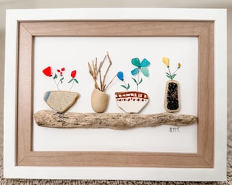 Sea Glass Flower Art, Driftwood Shelf Framed Wall Hanging