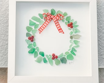 Sea Glass Holiday Wreath – Coastal Holiday Decor with ribbon, Handmade Ocean Art Gift