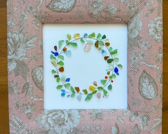 Handcrafted Sea Glass Flower Wreath Art, Pastel Pink Frame (7x7)
