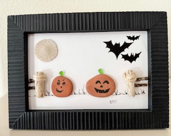 Handmade Sea Glass Pumpkin Art, Spooky Halloween Decor (4x6)