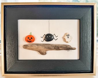 Sea Glass Halloween Art: Creepy Crawly Spider & Friends, Framed Pebble Art
