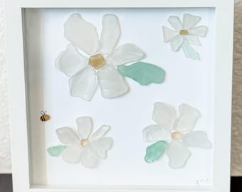 Sea Glass Flower Art: Cape Breton Daisies in White Frame
