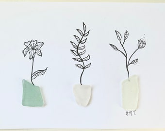 Blomsterkonst i havsglas: Minimalistiska krukväxter, Cape Breton-konst (10x15 cm)