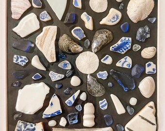 Blue Sea Glass Mosaic Art | Nova Scotia Pottery, Shells | Framed Coastal Decor