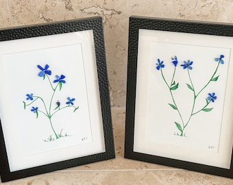 Forget-Me-Not Sea Glass Flower Art, Framed Coastal Decor (Set of 2)