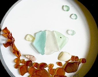 Sea Glass Fish Art in Mini Beach Frame, Coastal Decor