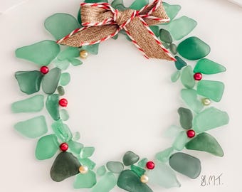 Sea Glass Christmas Wreath, Coastal Christmas Decor, Handmade Ocean & Beach Art Gift
