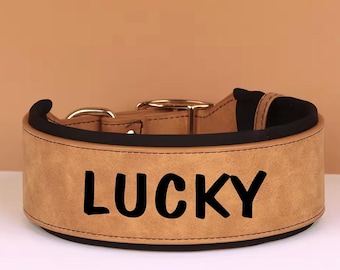 Personalized Wide Leather Dog Collar – Custom Name Tag, Soft PU Leather