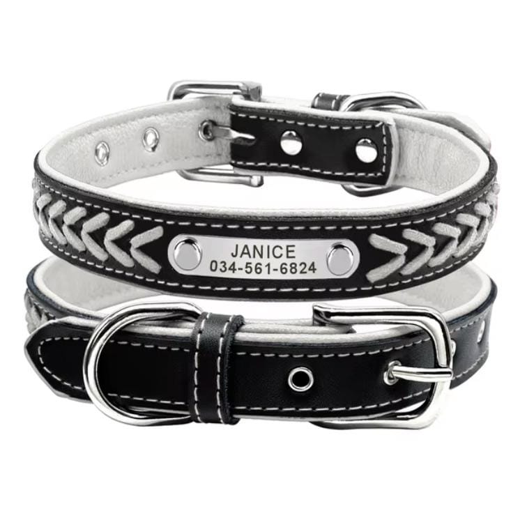 Monkimau Hundehalsband Aus Leder - Schwarz Mit Weißer Zierflechtung, Größe S-M, Robust & Bequem