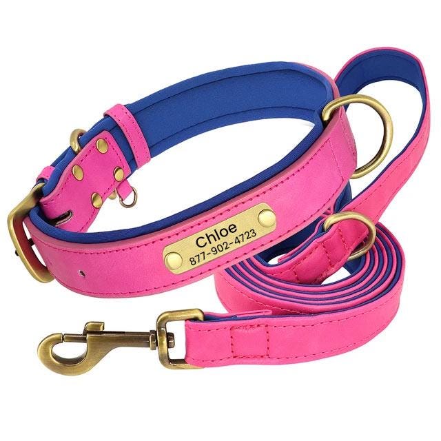 Set Guinzaglio E Collare In Pelle Per Cani Rosa Personalizzato Piccola Grande EB - Foto 11