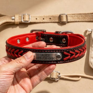 May include: A red and black leather dog collar with a braided design. The collar has a silver nameplate with the name "ALICE" and a phone number. Other tan leather accessories are in the background.