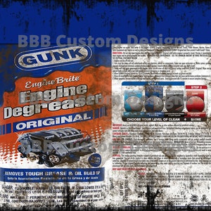 May include: A vintage-style can of GUNK Engine Brite Engine Degreaser, a product for removing tough grease and oil buildup. The can is orange and white with a picture of an engine on the front. The back of the can has instructions for use and safety warnings.
