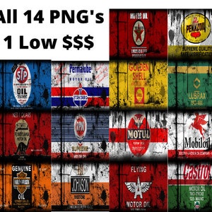 May include: A collage of 14 vintage-style oil can labels featuring various brand names and logos, including STP, Permalube, Texaco, Golden Shell, Pennzoil, Lubrax, Sinclair, RPN, Motul, Mobiloil, Harley Davidson, Johnson, Flying A, and Castrol. The labels all have a distressed, worn look, giving them a vintage feel.