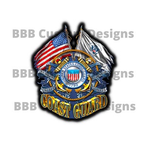 May include: A blue and gold United States Coast Guard emblem with a rope border and two crossed anchors. The emblem is surrounded by two flags, the American flag and the Coast Guard flag. The text "SEMPER PARATUS" is on a blue ribbon above the emblem, and the text "UNITED STATES COAST GUARD" is on a blue ribbon below the emblem.