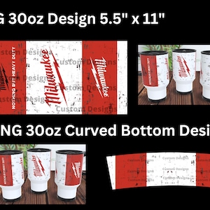 May include: A digital design for a 30 ounce curved bottom tumbler featuring a red and white distressed background with the Milwaukee logo and the text "Nothing but Heavy Duty".