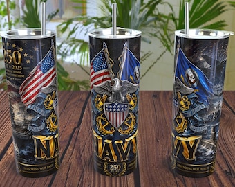 アメリカ海軍創設250周年記念タンブラーラップPNG | 愛国的なミリタリー昇華デザイン | 20オンススリムタンブラーダウンロード