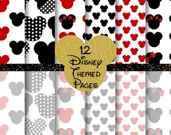 Papel de álbum de recortes temático de Disney 12x12 / Disney World Disneyland Vacation Páginas digitales e imprimibles / Mickey Mouse Mini Mouse Ears Pattern