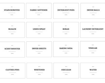 May include: A set of 16 white labels with black text, numbered 1 through 16, listing laundry room essentials. The labels include Stain Remover, Fabric Softener, Detergent Pods, Dryer Balls, Bleach, Linen Spray, Borax, Laundry Detergent, Scent Booster, Dryer Sheets, Baking Soda, Vinegar, Clothes Pegs, Whitener, Oxiclean, and Water.