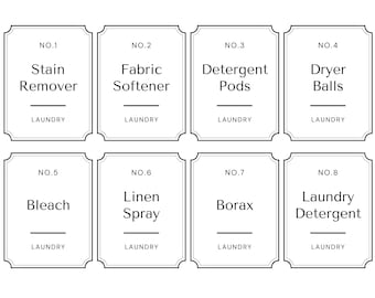 May include: Eight black and white labels with rounded corners and decorative borders. Each label has a number, a product name, and the word "LAUNDRY". The product names are: Stain Remover, Fabric Softener, Detergent Pods, Dryer Balls, Bleach, Linen Spray, Borax, and Laundry Detergent.