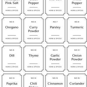 May include: A set of 16 white labels with black text, numbered 1 through 16. Each label has a different name for a herb or spice, such as Himalayan Pink Salt, Black Pepper, Sea Salt, White Pepper, Oregano, Curry Powder, Parsley, Turmeric, Dill, Thyme, Garlic Powder, Onion Powder, Paprika, Chilli Flakes, Cinnamon, and Coriander. The labels are all rectangular with rounded corners and have the words "HERB & SPICES" printed at the bottom.