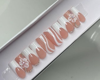 Square Press On Nails, French Tip with 3D Flower